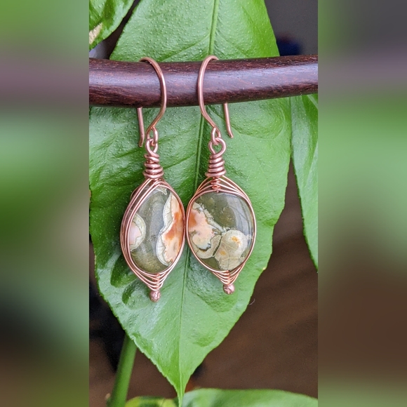 Exotic Rainforest Jasper Earrings Artisan Crafted Copper Jewelry - Picture 4 of 14